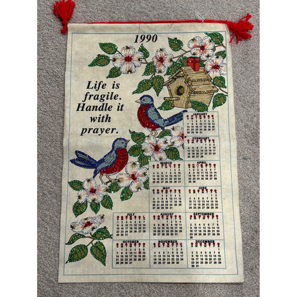 1990 Vintage Wall Calendar Decorative‎ Birds Flowers Prayer Message